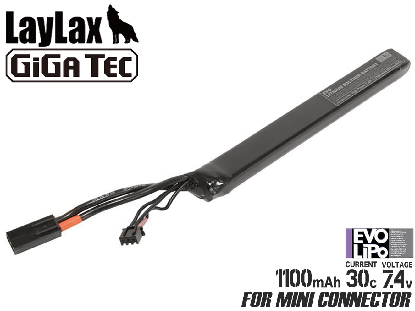 LayLax GIGA TEC EVOリポバッテリー 7.4V 1100mAh AKスティックタイプ 電動ガン AEG 発射サイクル トリガーレスポンス 高出力タイプ ミニコネクター 大容量