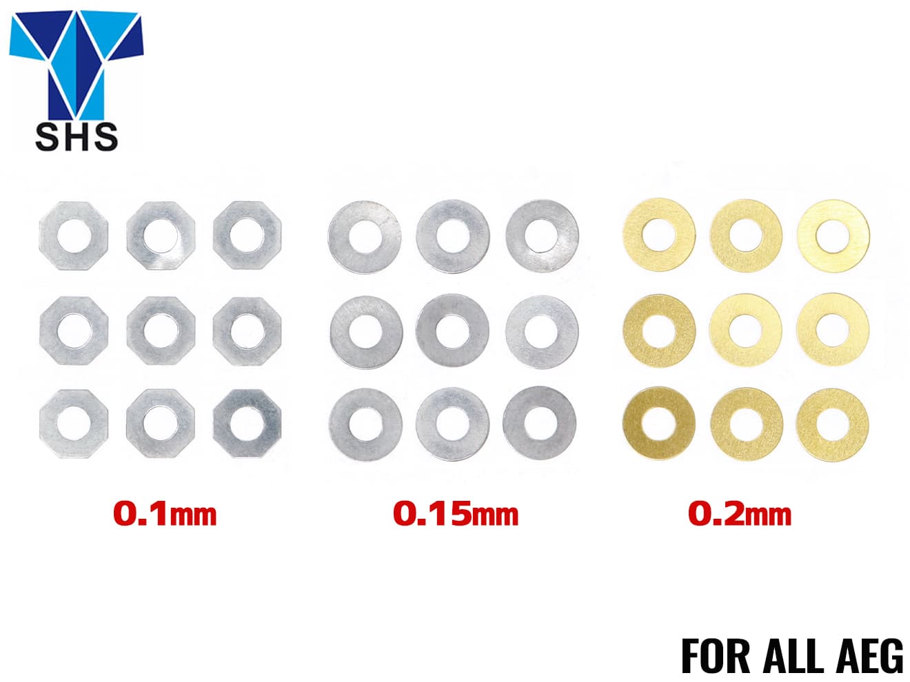 SHS シムセット 0.1/0.15/0.2mm 各9枚セット 電動ガン ギアクリアランスの調整 バックラッシュ シム調整 色や形状で厚みがひと目で分かる