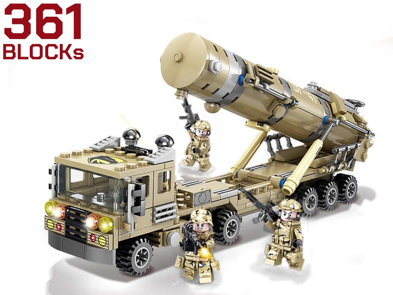 KY84078商品説明ITEM INFO大陸間弾道ミサイル東風-41をリアルに再現！中国軍 DF-41 大陸間弾道ミサイル 361Blocksです。楽しく組み立てて、カッコよく飾れるAFM ブロックシリーズです。DF-41（東風-41/Dong Feng-41）は、中華人民共和国が開発した固体燃料式大陸間弾道ミサイル (ICBM)です。そのDF-41を361Blocksのパーツでリアルに再現！楽しく組み立ててかっこよく飾れる！中国軍ファンやブロック好きな方に是非！商品基本情報・スペックITEM SPEC●商品名 ： AFM 中国軍 DF-41 大陸間弾道ミサイル 361Blocks ●商品番号 ： M0059T●電源 ： LR41電池(AG3バッテリー)x2個(※付属しません)●付属品 ： ミニフィギュア 3体●パッケージサイズ ： 420mm×300mm×72mm●素材 ： ABS●総ブロック数 ： 361●対象年齢 ： 15歳以上注意事項ITEM NOTE∇商品固有の注意事項※小さなブロックが多く含まれています。誤って飲み込まないようにご注意ください。窒息などの危険があります。※誤飲の危険がありますので対象年齢を守り、15歳未満のお子様には絶対に遊ばせないでください。※当商品はレゴ(LEGO)商品ではございません。※弊社取扱商品以外への互換性はありませんのでご了承ください。※梱包は製品外箱に透明の緩衝材を巻いた簡易包装です。∇ご購入時の留意事項商品はすべて点検してからのお届けになります。商品によってはパッケージの開封等を行う場合もございますことをご了承ください。※商品には万全を記しておりますが、万一不備な点がございましたら、お手数ですがお問い合わせフォームにてご連絡頂ますようお願い致します。なお、海外製品につきましては、輸入時についた若干の傷、痛み等が見られる場合がございます。 国内製品のような完全品をお求めの方はご遠慮下さい。※商品が適合外であった場合、またはお客様都合による交換・返品・返金は出来ません。よくお確かめの上、ご購入下さい。※モニター環境により、実際の商品の色と若干異なる場合がございますのでご了承下さい。※他サイトでも同時販売の為売り切れの際はご了承下さい。※売り切れの際は早急にご連絡させて頂きます。（当社休業日を除く）関連商品RELATED ITEMAFM 中国軍 ZBD-03 03式空挺歩兵戦闘車 533Blocks [M0057T]AFM 中国軍 HQ-2J 地対空ミサイル + T77トランスポーター 341Blocks [M0058T]AFM 中国軍 2in1 PLZ-05 155mm自走榴弾砲/PHZ-10 122mm自走式ロケット砲 1499Blocks[M0061T]AFM 中国軍 東風ウォーリアー 装甲車 446Blocks[M0062T]AFM 中国軍 AFT-9 対戦車ミサイルランチャー搭載装甲車 438Blocks[M0063T]AFM 中国軍 AR-3（PHL-16) 自走式多弾ロケットランチャー 485Blocks[M0064T]AFM 中国軍 YJ-12 イーグルストライク 対艦ミサイル w/モバイルランチャー 391Blocks[M0065T]AFM 中国軍 JY-27 VHF-3D 防空レーダー 400Blocks[M0066T]AFM 中国軍 YLC-20 パッシブ方向探知レーダー 432Blocks[M0067T]AFM 中国軍 ZTZ-99 99式戦車 671Blocks[M0080P]AFM 中国軍 Z-19E 攻撃ヘリコプター 393Blocks[M0024H]AFM 中国軍 DF-41 大陸間弾道ミサイル+ディーゼル軍用列車 1174Blocks[M0032TW]AFM 中国軍 PGZ-04A 自走対空機関砲 627Blocks[M0072T]AFM 中国軍 HQ-7 自走型対空ミサイル 450Blocks[M0073T]【検索キーワード】：AFM ARMY FORCE MODEL BLOCKS ブロック トイ TOY フィギア 組み立て モデル 模型 プラスティック　プラスチック 玩具 戦車 中国軍 中華人民共和国 DF-41 東風 DONG FENG-41 大陸間弾道ミサイル ICBM 中国人民解放軍