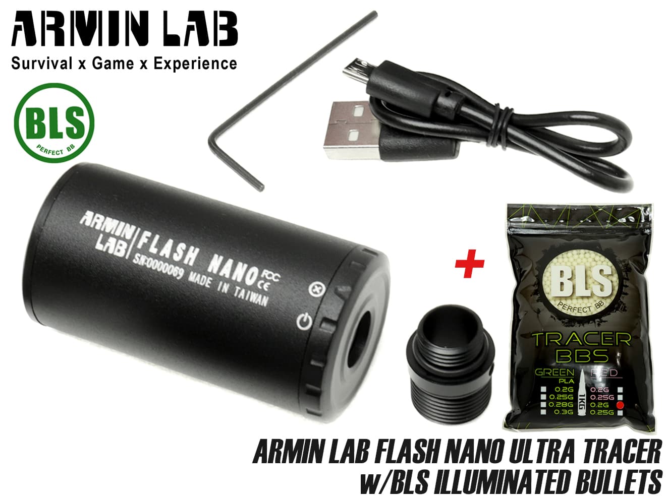  ARMIN LAB FLASH NANO UVトレーサー + BLS トレーサーBB弾 0.20g 5000発(1kg)◆超軽量 サイレンサー USB充電可能 逆14mm→正11mm変換ネジ付