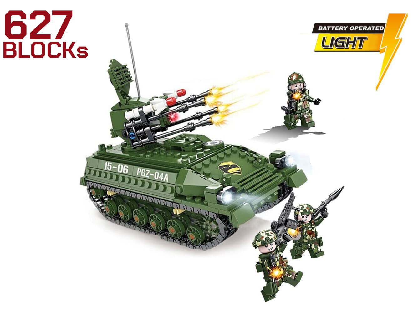 AFM 中国軍 PGZ-04A 自走対空機関砲 627Blocks◆25mm 機関砲 4門搭載 バッテリー ライト 組み立て 防空 ブロック HN-6 地上目標 攻撃ミサイル インテリア パーツ