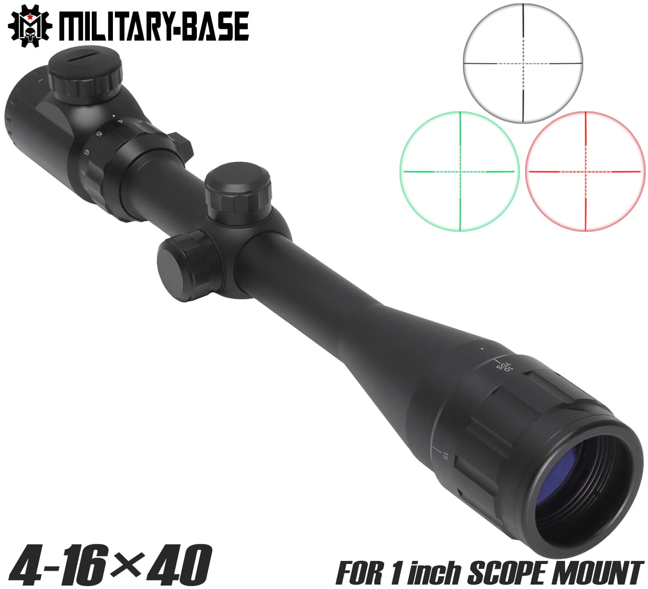 MILITARY BASE 4-16×40MD+AO+EG イルミネーション ライフルスコープ 1インチボディ ◆耐衝撃 防水 アンチフォグ 多層 コーティング ミルドットタイプ 5段階調整