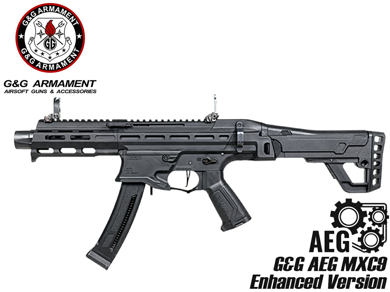 G&G MXC9 Enhanced Version 電動ガン本体◆AEG PCC オリジナル デザイン ストック 伸縮 折り畳み 特殊形状 マガジン 2種類 ハンドガード M-LOK 8mm メカボ 装弾数