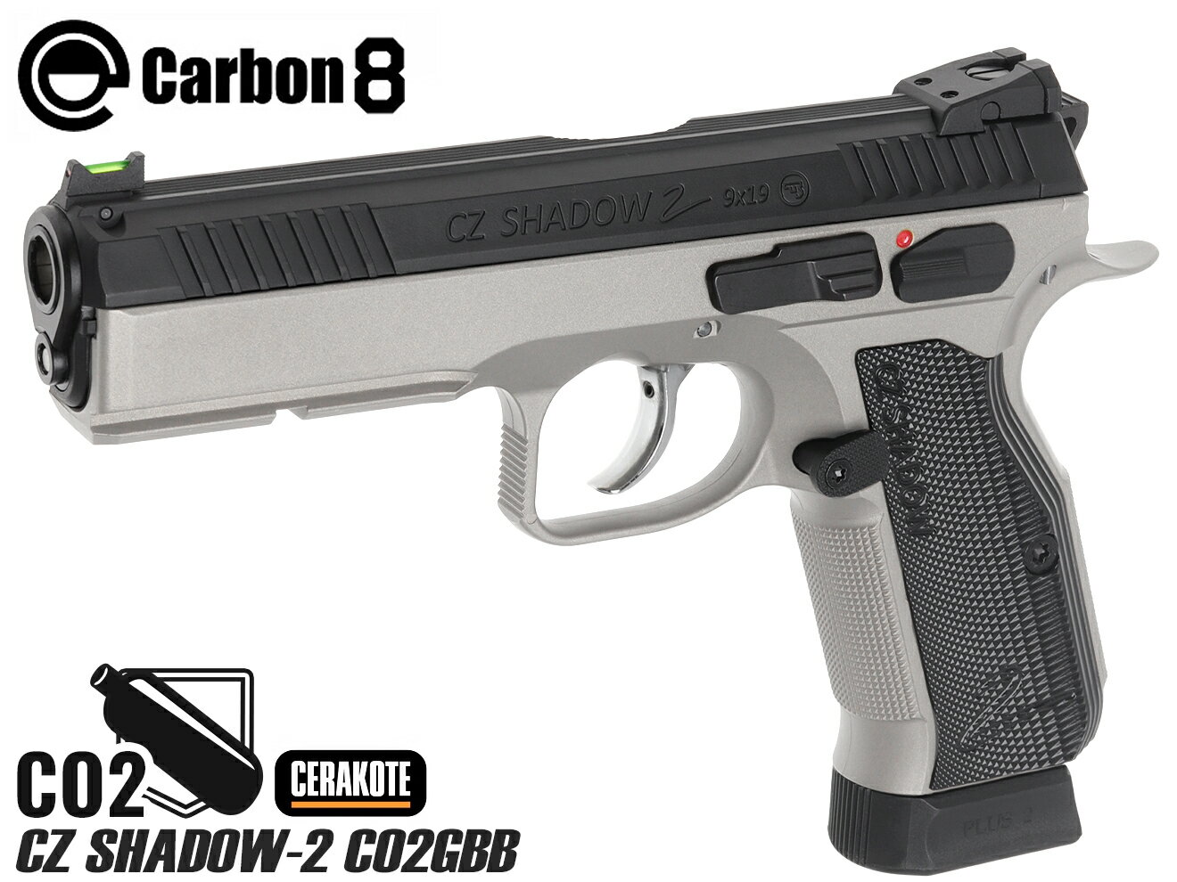 商品説明ITEM INFO実銃CZ社 公式ラインセスモデル！シューティング競技向けモデルをリアルに再現Carbon8 CZ SHADOW-2 CO2 ブローバック -セラコートフレーム-です。18歳以上対象のモデルになります。実銃CZ社の公式ラインセスを取得したモデルです。SHADOW-2はシューティング競技であるIPSCで勝利することを目標に設計された競技志向バリバリのレースガンです。■スライドはナイロンファーバー樹脂を、フレームにはHW樹脂を用い、メタルアウターバレル、メタルグリップパネルを装備した重厚感ある構成バレルブッシング、リコイルガイド、リコイルプランジャーにはステンレス削り出しパーツを採用して、より高い精度を実現■限定カラーCERAKOTE フレーム■ フロント集光サイト（レッド）& 高さ調整式リアサイト■ 角度3段階調整式オーバーサイズ・マガジンキャッチ■ 市販のガスブローバック対応カスタムHOPラバーが使用可能■ マガジンはCarbon8 CZ75 2nd. versionと互換■ 各種純正アクセサリーパーツを順次発売予定商品基本情報・スペックITEM SPEC●商品名 ： Carbon8 CZ SHADOW-2 セラコート GREY CO2 ブローバック●商品番号 ： C8-GB-031●ブランド ： Carbon8●カラー ： グレー●内容品 ： CZ SHADOW-2本体 -セラコートフレーム-、CO2ボンベ着脱用レンチ、取扱説明書、保証書●全長 ： 約220mm●重量 ： 1007g●装弾数 ： 24発●可変ホップアップ搭載●素材 ： ナイロンファイバー樹脂、ヘビーウェイト樹脂、亜鉛、スチール他●標準初速 ： 80m/s(0.2gBB弾)●BB弾 直径/口径 ： 6mm●弾丸運動エネルギー ： 0.98J以下●対象年齢 ： 18歳以上●STGA(全日本トイガン安全協会)認証済注意事項ITEM NOTE∇商品固有の注意事項※海外製の安価で粗悪なCO2ボンベを使用した場合、製品が破損する恐れがあります。マルシン製やメーカー純正品をご使用ください。※航空機に搭載できない商品になります。遠方への配送はお時間がかかりますことご了承ください。※配送事故・誤送以外の初期不良はメーカーアフターサービスにご連絡ください。※予告なく製品の仕様、価格が変更される場合がございます。それに伴う返品・交換はお断りさせていただきます。∇ご購入時の留意事項商品はすべて点検してからのお届けになります。商品によってはパッケージの開封等を行う場合もございますことをご了承ください。※商品には万全を記しておりますが、万一不備な点がございましたら、お手数ですがお問い合わせフォームにてご連絡頂ますようお願い致します。※商品が適合外であった場合、またはお客様都合による交換・返品・返金は出来ません。よくお確かめの上、ご購入下さい。※モニター環境により、実際の商品の色と若干異なる場合がございますのでご了承下さい。※他サイトでも同時販売の為売り切れの際はご了承下さい。※売り切れの際は早急にご連絡させて頂きます。（当社休業日を除く）関連商品RELATED ITEMCarbon8 CZ SHADOW-2 CO2 ブローバック[C8-GB-022]Carbon8 CZ SHADOW-2 CO2専用 スペアマガジン Gen2[C8-GB-023]MARUSHIN CO2 カートリッジ 5本セット[MAR-CO2-5PC]MARUSHIN CO2 カートリッジ 30本セット[MAR-CO2-SET]Carbon8 CO2マガジン専用 トレンチ-2[C8-GB-026]BLS 高品質PLA バイオBB弾 0.20g 5000発(1kg) BK[BLS-B-020B1KG]BLS 高品質PLA バイオBB弾 0.25g 4000発(1kg) BK[BLS-B-025B1KG]BLS Precision 精密プラスティックBB弾 0.2g 5000発(1kg) ホワイト[BLS-P-020W1KG]BLS Precision 精密プラスティックBB弾 0.25g 4000発(1kg) ホワイト[BLS-P-025W1KG]Carbon8 M45CQP -Close Quarter Pistol- CO2 ブローバック[C8-GB-001]Carbon8 ストライカー9 CO2 ブローバック[C8-GB-003]Carbon8 CZP09 CO2 ブローバック[C8-GB-005]Carbon8 CO2 ガスブローバック M45DOC NiteShift ナイトシフト 限定モデル[C8-GB-007]Carbon8 Cz75 2nd バージョン CO2 ブローバック[C8-GB-011]Carbon8 CO2 ガスブローバック Black Kitty[C8-GB-027]MILITARY-BASE(ミリタリーベース)ABS ハンドガン キャリングハードガンケース 29cm BK[H8015B]MILITARY BASE IP65 ウォータープルーフ ハードガンケース 4.3L 33cm×28cm×8cm ブラック[H8027B4L]MILITARY BASE ベルクロインナー アルミフレームアタッシュケース 34.5cm*28cm*12cm ブラック[H8031B]【検索キーワード】：4571392461978 カーボン8 カーボネイト ガスガン ハンドガン グロックCz75 シャドウ2 ハンドガン CO2 ガスブローバック GBB 二酸化炭素 ボンベ エアガン エアソフトガン 本体