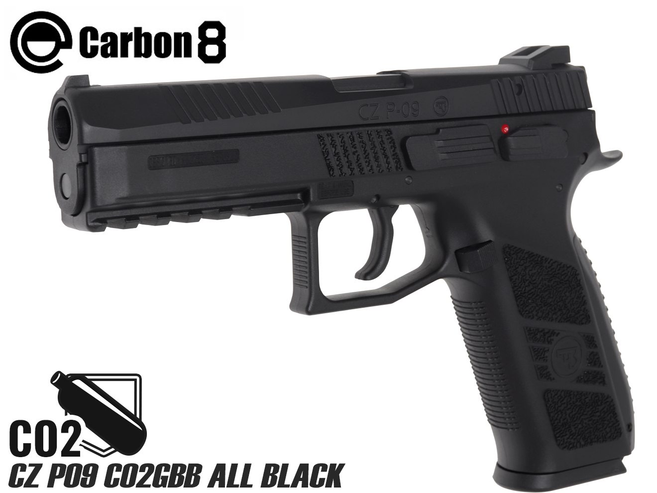 商品説明ITEM INFO新型V2チャンバーユニット＋Newデザインシリンダーでリニューアル！！Carbon8 CZP09 Precision version CO2 ブローバック All Blackです。18歳以上対象のモデルになります。CZ社オフィシャルライセンスモデルとして2022年より発売を開始したCZ P09が、Precision versionとして完全リニューアル復活します。給弾とBB弾の給弾と発射に関するパーツを一新。2025年秋にリニューアル発売したP09 Tanフレームから実装されたV2チャンバーに加え、新設計のシリンダーを搭載してより安定した初速と集弾性の向上を実現しています。また、新カラーのフレームGreyモデルは、実銃のP09 Urban Greyと同じ色番号で調色したリアルなカラー。塗装ではなく成形色なので色剥げもありません。また、今回よりバックストラップが着脱式になっています。■新型V2チャンバーで拡張性が向上チャンバー内部構造が新しくなったことで市販のカスタムHOPパッキンが使用可能に！BB弾の重量や想定する交戦距離などに応じて市販のカスタムHOPパッキンと交換して、HOPUPの効きの程度やかけ方をカスタマイズできます。■新設計シリンダー採用で安定性が向上細部まで見直しデザインを一新した新型シリンダーを採用。従来より安定した初速と集弾性を実現しています。商品基本情報・スペックITEM SPEC●商品名 ： Carbon8 CZP09 Precision version CO2 ブローバック All Black●商品番号 ： C8-GB-033●ブランド ： Carbon8●内容品 ： CZ P09 Precision version本体、Gen2マガジン、CO2ボンベ着脱用レンチ、取扱説明書、保証書●全長 ： 約205mm●重量 ： 約783g●可変ホップアップ搭載●インナーバレル長 ： 102mm●装弾数 ： 25発●材質 ： ナイロンポリマー(グラスファイバー混)・亜鉛合金他●使用BB弾 ： 6mm●弾丸運動エネルギー ： 0.98J以下●STGA(全日本トイガン安全協会)CO2ガスガン安全基準認証済●対象年齢 ： 18歳以上注意事項ITEM NOTE∇商品固有の注意事項※海外製の安価で粗悪なCO2ボンベを使用した場合、ガス漏れや製品破損の原因に繋がります。マルシン製やメーカー純正品をご使用ください。※配送事故・誤送以外の初期不良はメーカーアフターサービスにご連絡ください。※予告なく製品の仕様、価格が変更される場合がございます。それに伴う返品・交換はお断りさせていただきます。∇ご購入時の留意事項商品はすべて点検してからのお届けになります。商品によってはパッケージの開封等を行う場合もございますことをご了承ください。※商品には万全を記しておりますが、万一不備な点がございましたら、お手数ですがお問い合わせフォームにてご連絡頂ますようお願い致します。※商品が適合外であった場合、またはお客様都合による交換・返品・返金は出来ません。よくお確かめの上、ご購入下さい。※モニター環境により、実際の商品の色と若干異なる場合がございますのでご了承下さい。※他サイトでも同時販売の為売り切れの際はご了承下さい。※売り切れの際は早急にご連絡させて頂きます。（当社休業日を除く）関連商品RELATED ITEMCarbon8 CZP09 Precision version CO2 ブローバック フレーム Grey[C8-GB-034]Carbon8 CZ P09 TAN フレーム CO2 ブローバック[C8-GB-028]Carbon8 CZP09 CO2 マガジン[C8-GB-006]Carbon8 CO2 ガスブローバック CZP09 マグウェル BK[C8-GB-009]MARUSHIN CO2 カートリッジ 5本セット[MAR-CO2-5PC]MARUSHIN CO2 カートリッジ 30本セット[MAR-CO2-SET]Carbon8 CO2マガジン専用 スタブレンチ Sタイプ(M45/HELLCAT4.3/STRIKER-9/CZ P09/L9A2)[C8-GB-025]Carbon8 CO2マガジン専用 トレンチ-2[C8-GB-026]BLS 高品質PLA バイオBB弾 0.20g 5000発(1kg) BK[BLS-B-020B1KG]BLS 高品質PLA バイオBB弾 0.25g 4000発(1kg) BK[BLS-B-025B1KG]MILITARY-BASE(ミリタリーベース)ABS ハンドガン キャリングハードガンケース 29cm BK[H8015B]MILITARY BASE IP65 ウォータープルーフ ハードガンケース 4.3L 33cm×28cm×8cm ブラック[H8027B4L]MILITARY BASE ベルクロインナー アルミフレームアタッシュケース 34.5cm*28cm*12cm ブラック[H8031B]【検索キーワード】：4571392462098 CARBON8 カーボン8 カーボネイト カーボンエイト ガスガン ハンドガン KJワークス カスタム ハンドガン CO2 二酸化炭素 ボンベ CZ CZ-P09 プレシジョンバージョン 新型 ガスブローバックガン本体 GBB
