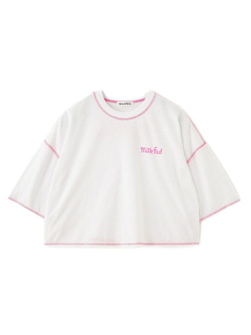 Rakuten - 【SALE／30%OFF】COLOR STITCH WIDE S/S TOP MILKFED. ミルクフェド トップス カットソー・Tシャツ グリーン ネイビー ピンク【RBA_E】【送料無料】[Rakuten Fashion]