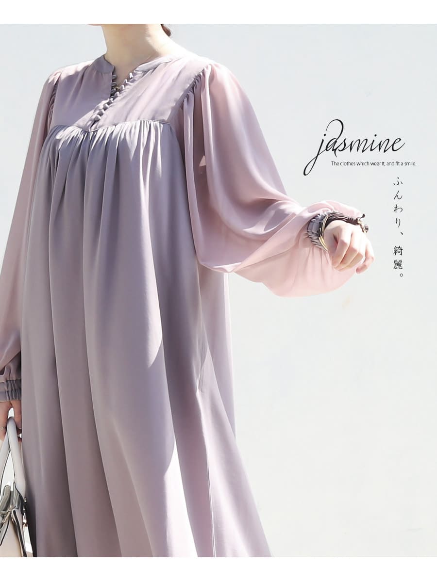 ＜授乳服・マタニティ＞新色入荷！長袖ジャスミン・クルミボタンシアーワンピース...