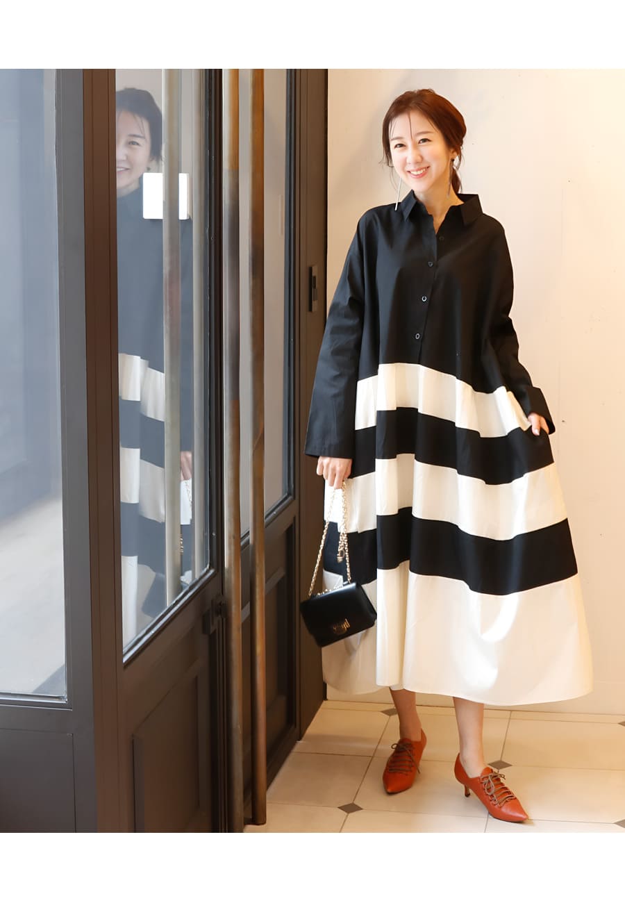 ＜授乳服・マタニティウエア＞パリス・バイカラーフレアーシャツワンピース（ボタンタイプの授乳口）　妊娠 出産 産前 産後 ワンピース レディース 大きいサイズ Milk tea ミルクティー 3