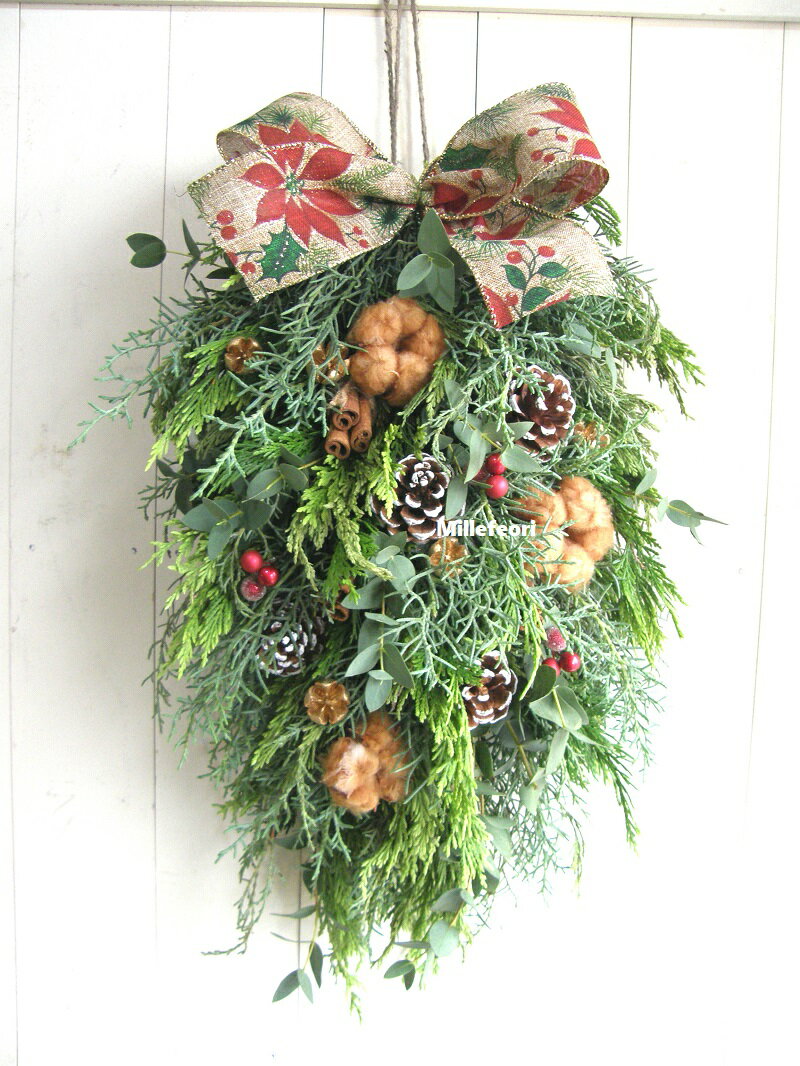 生スワッグブラウン系 クリスマスリース玄関 35cm 生リース 送料無料