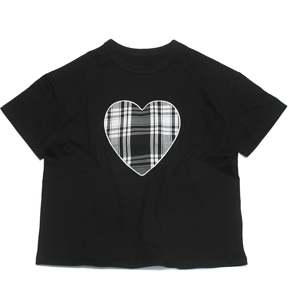 【マルーク/maarook/ベビー服/子供服/Wonder apartment】 天竺モノトーンチェックハートパッチTシャツ クロ(4)