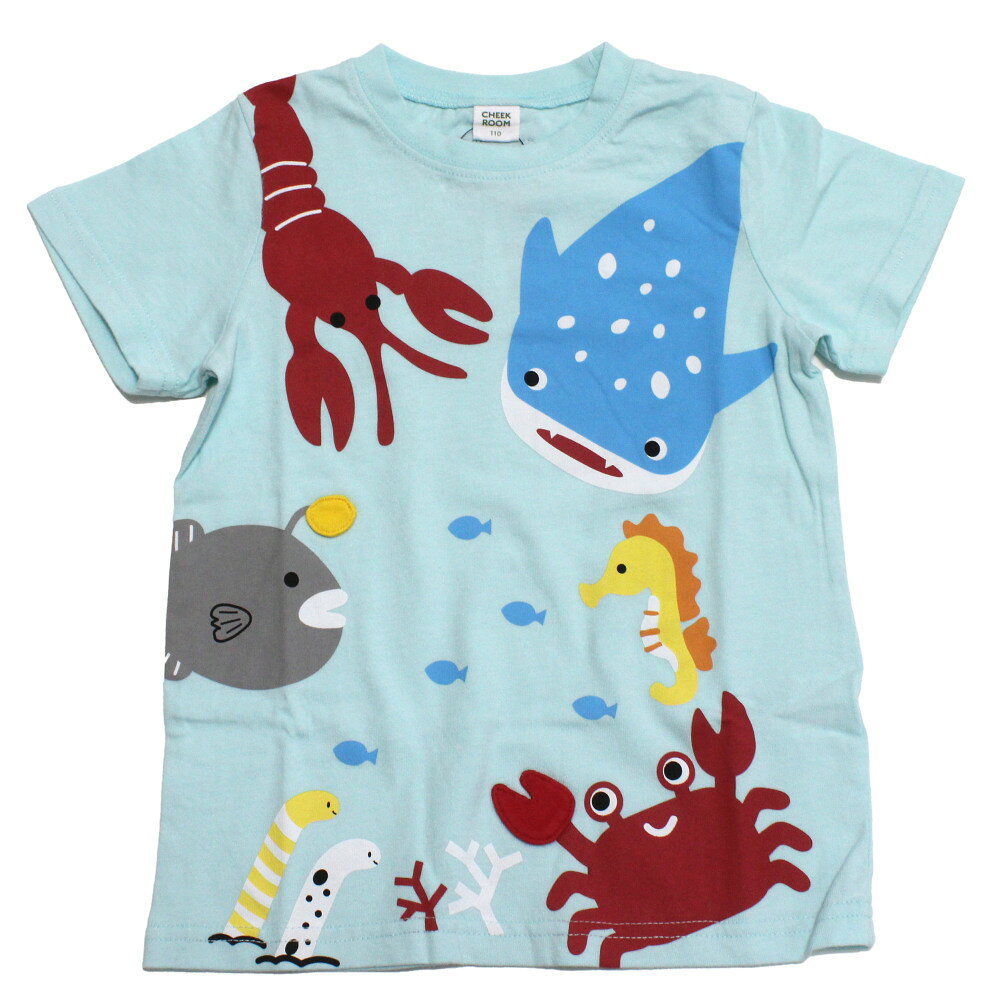 【知育玩具/子供服/ベビー/キッズCHEEK ROOM/チークルーム】 海の魚たち Tシャツ サックス(SA)