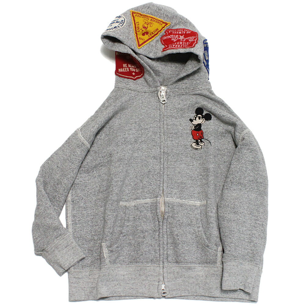 【DD×ミッキー/DENIM DUNGAREE×MICKEYコラボ/デニムアンドダンガリー子供服/ディズニー】 ビンテージウラケ MICKEY ジップアップパーカー 3GRグレー