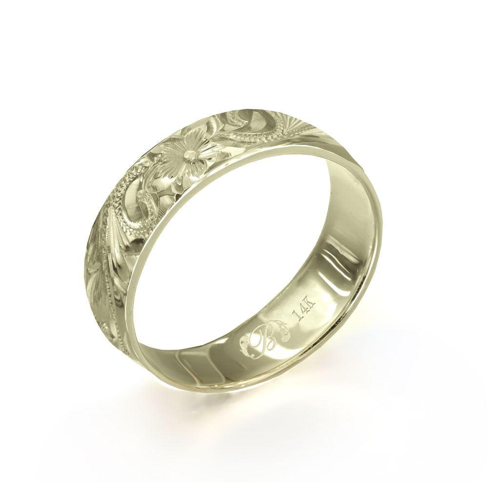 ハワイアンジュエリー オーダーメイド リング 幅4mm 厚み1.2mm バレル 14Kグリーンゴールド スクロール ノーエッジ オーダーメイド リング 指輪 結...