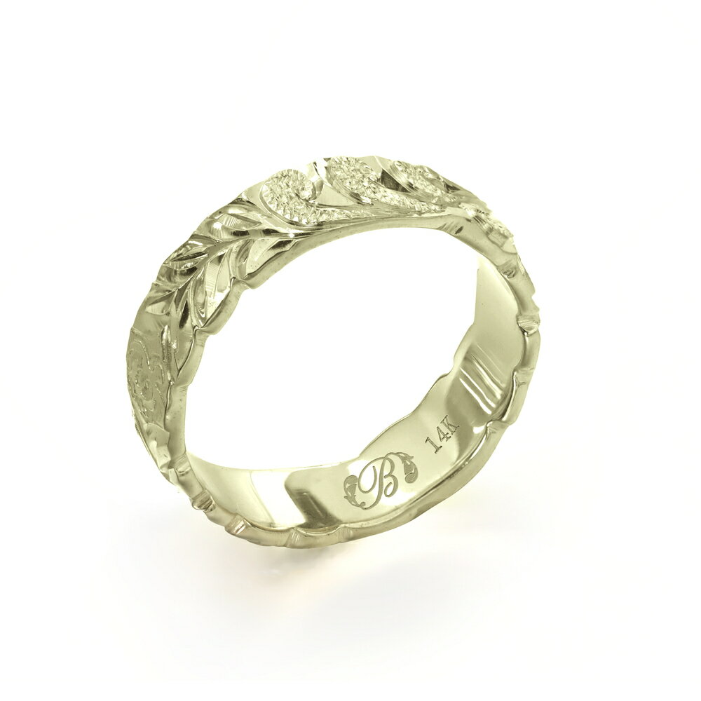 ハワイアンジュエリー オーダーメイド リング 幅4mm 厚み1.5mm バレル 14Kグリーンゴールド マイレ&カレイキニ カットアウト オーダーメイド リング...