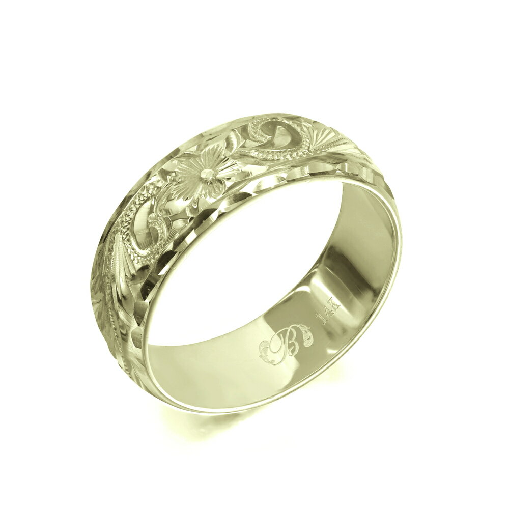 ハワイアンジュエリー オーダーメイド リング 幅6mm 厚み1.2mm バレル 14Kグリーンゴールド スクロール ダイヤモンドカット オーダーメイド リング ...