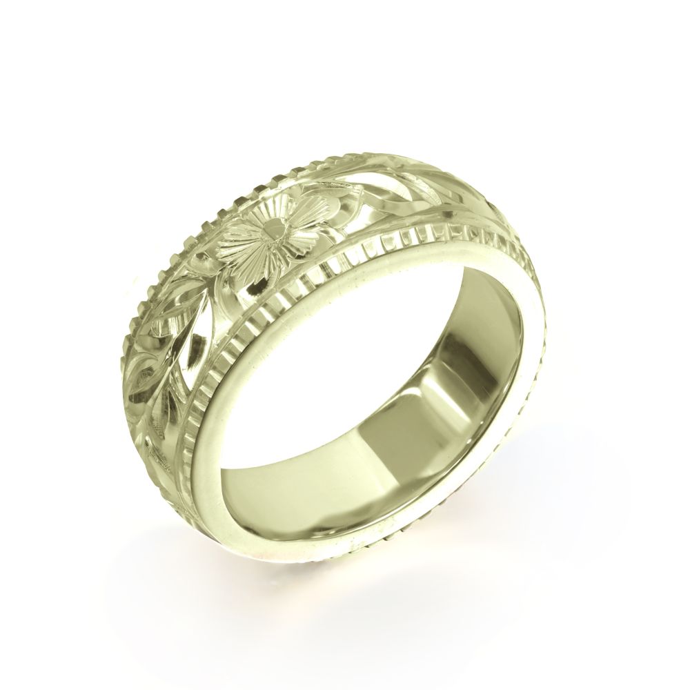 ハワイアンジュエリー オーダーメイド リング 幅6mm 厚み2mm バレル 14Kグリーンゴールド マイレリーフ コインエッジ オーダーメイド リング 指輪 結...