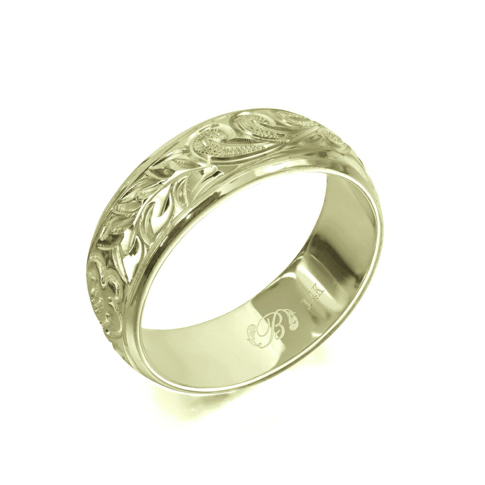 ハワイアンジュエリー オーダーメイド リング 幅6mm 厚み1.2mm バレル 14Kグリーンゴールド マイレ&カレイキニ プレーン オーダーメイド リング 指...