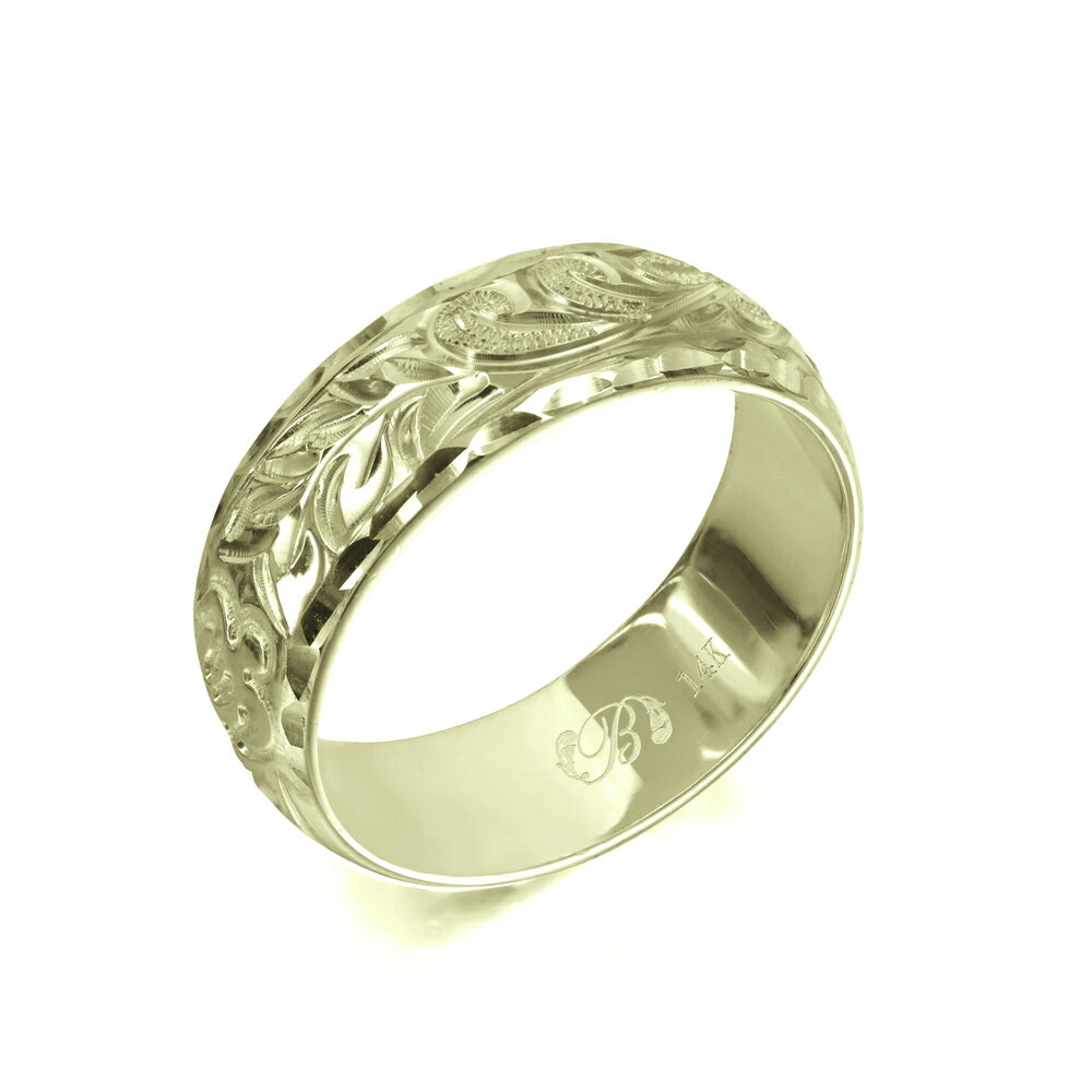 ハワイアンジュエリー オーダーメイド リング 幅6mm 厚み1.2mm バレル 14Kグリーンゴールド マイレ&カレイキニ ダイヤモンドカット オーダーメイド ...