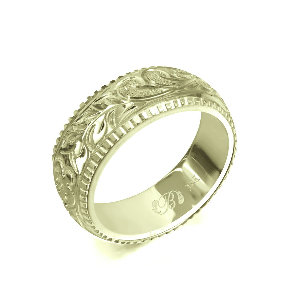 ハワイアンジュエリー オーダーメイド リング 幅6mm 厚み2mm バレル 14Kグリーンゴールド マイレ＆カレイキニ コインエッジ オーダーメイド リング 指輪 結婚指輪 マリッジリング | メンズ レディース 誕生日 クリスマス プレゼント 【品番：GB6C-D20】