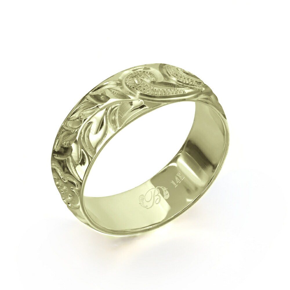 ハワイアンジュエリー オーダーメイド リング 幅6mm 厚み1.2mm バレル 14Kグリーンゴールド マイレ&カレイキニ ノーエッジ オーダーメイド リング ...