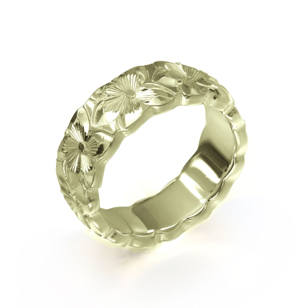 ハワイアンジュエリー オーダーメイド リング 幅6mm 厚み2mm バレル 14Kグリーンゴールド プルメリア カットアウト オーダーメイド リング 指輪 結婚指輪 マリッジリング | メンズ レディース 誕生日 クリスマス プレゼント 【品番：GB6D-A20】