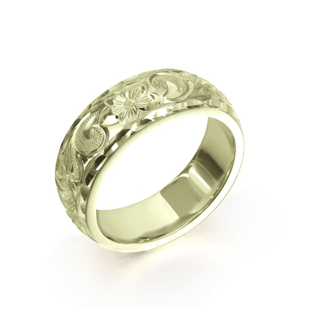 ハワイアンジュエリー オーダーメイド リング 幅6mm 厚み1.5mm バレル 14Kグリーンゴールド カレイキニ ダイヤモンドカット オーダーメイド リング ...