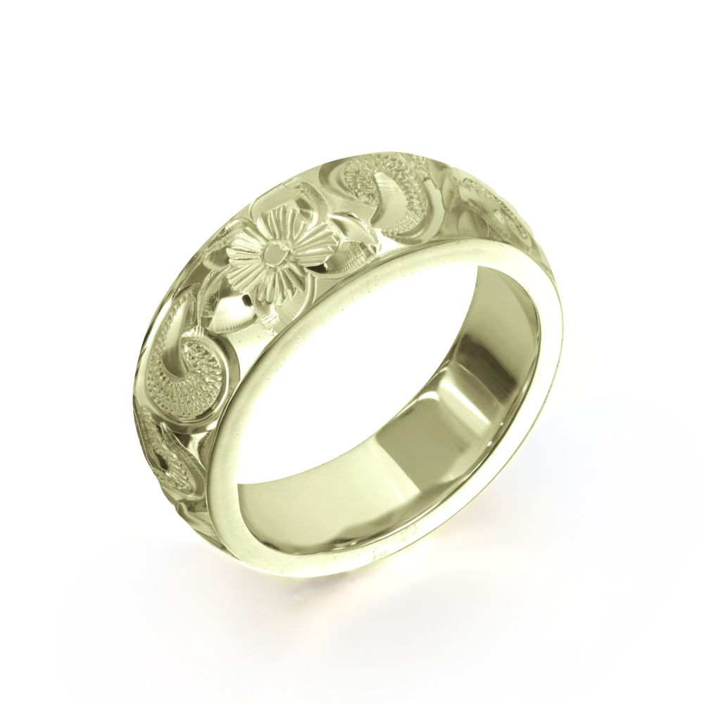 ハワイアンジュエリー オーダーメイド リング 幅6mm 厚み2mm バレル 14Kグリーンゴールド カレイキニ ノーエッジ オーダーメイド リン..