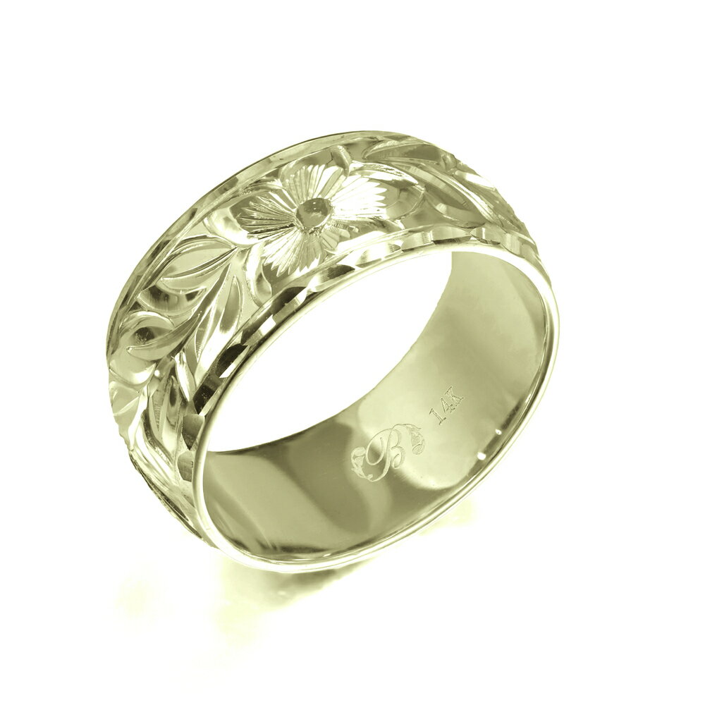 ハワイアンジュエリー オーダーメイド リング 幅8mm 厚み1.2mm バレル 14Kグリーンゴールド マイレリーフ ダイヤモンドカット オーダーメイド リング 指輪 結婚指輪 マリッジリング | メンズ レディース 誕生日 プレゼント 【品番：GB8B-C】