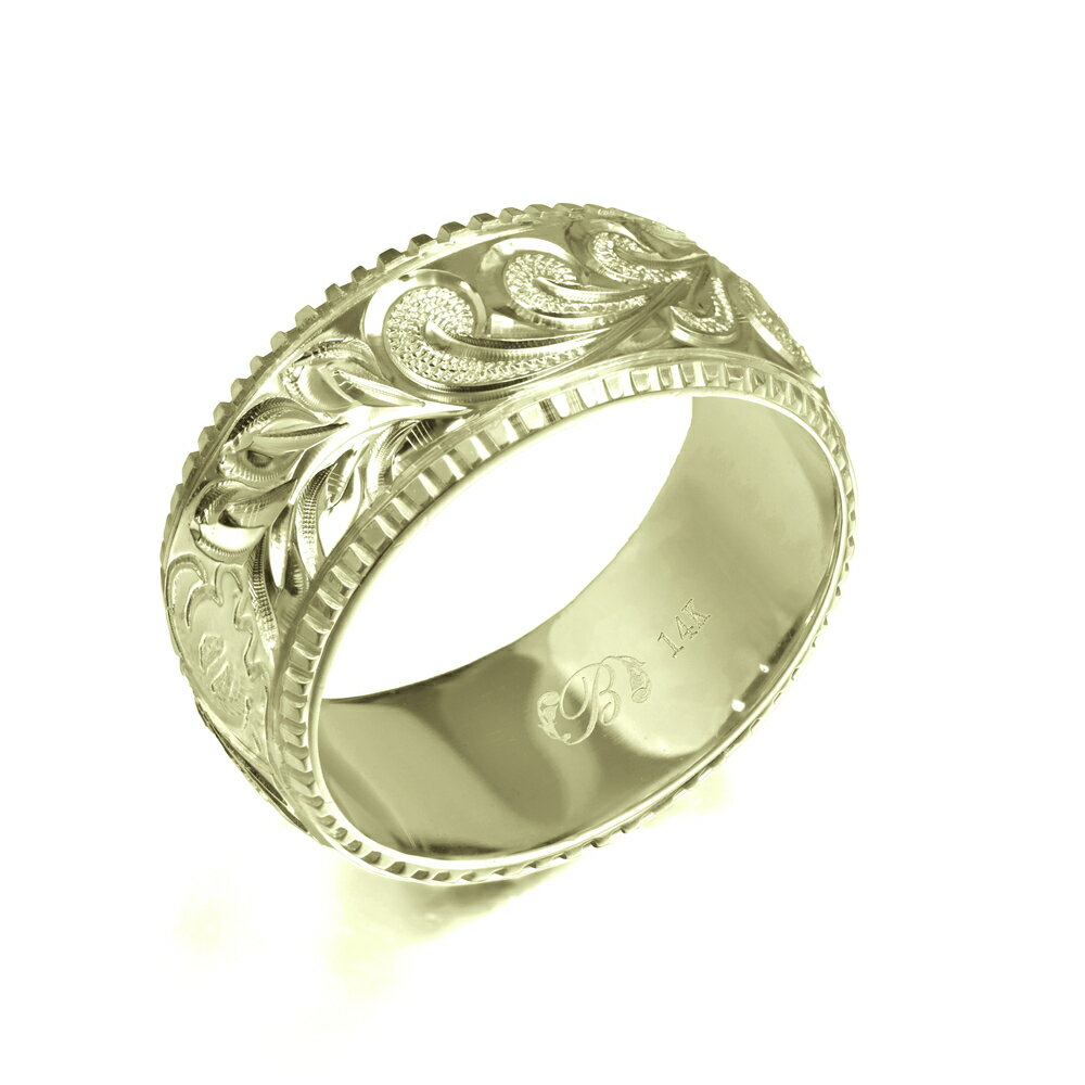 ハワイアンジュエリー オーダーメイド リング 幅8mm 厚み1.2mm バレル 14Kグリーンゴールド マイレ&カレイキニ コインエッジ オーダーメイド リング...