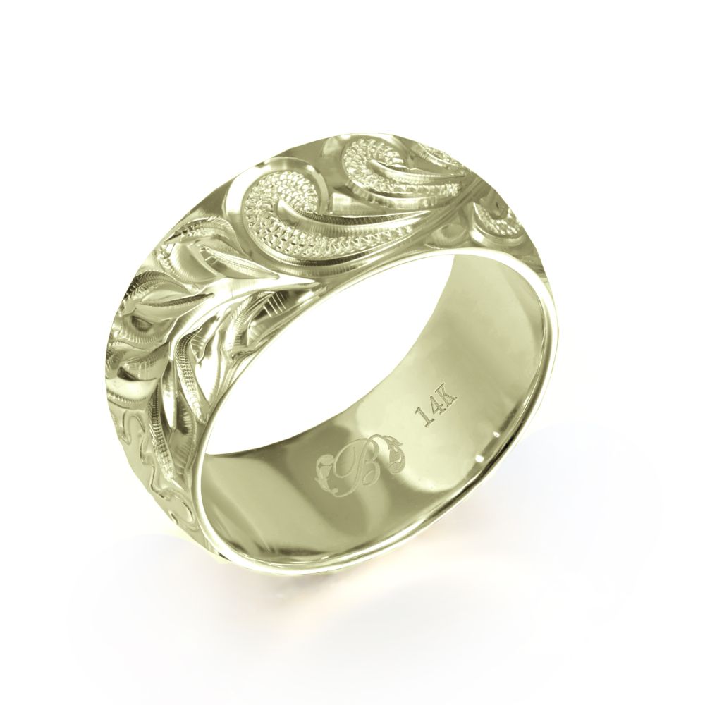 ハワイアンジュエリー オーダーメイド リング 幅8mm 厚み1.2mm バレル 14Kグリーンゴールド マイレ&カレイキニ ノーエッジ オーダーメイド リング ...