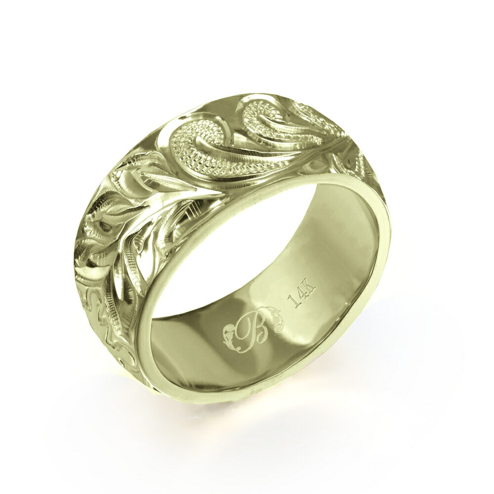 ハワイアンジュエリー オーダーメイド リング 幅8mm 厚み2mm バレル 14Kグリーンゴールド マイレ&カレイキニ ノーエッジ オーダーメイド リング 指輪...