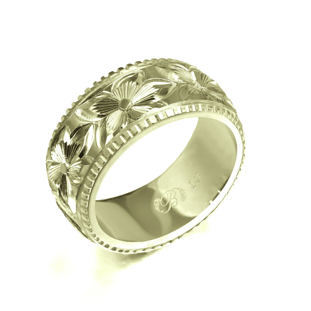 ハワイアンジュエリー オーダーメイド リング 幅8mm 厚み2mm バレル 14Kグリーンゴールド プルメリア コインエッジ オーダーメイド リング 指輪 結婚...