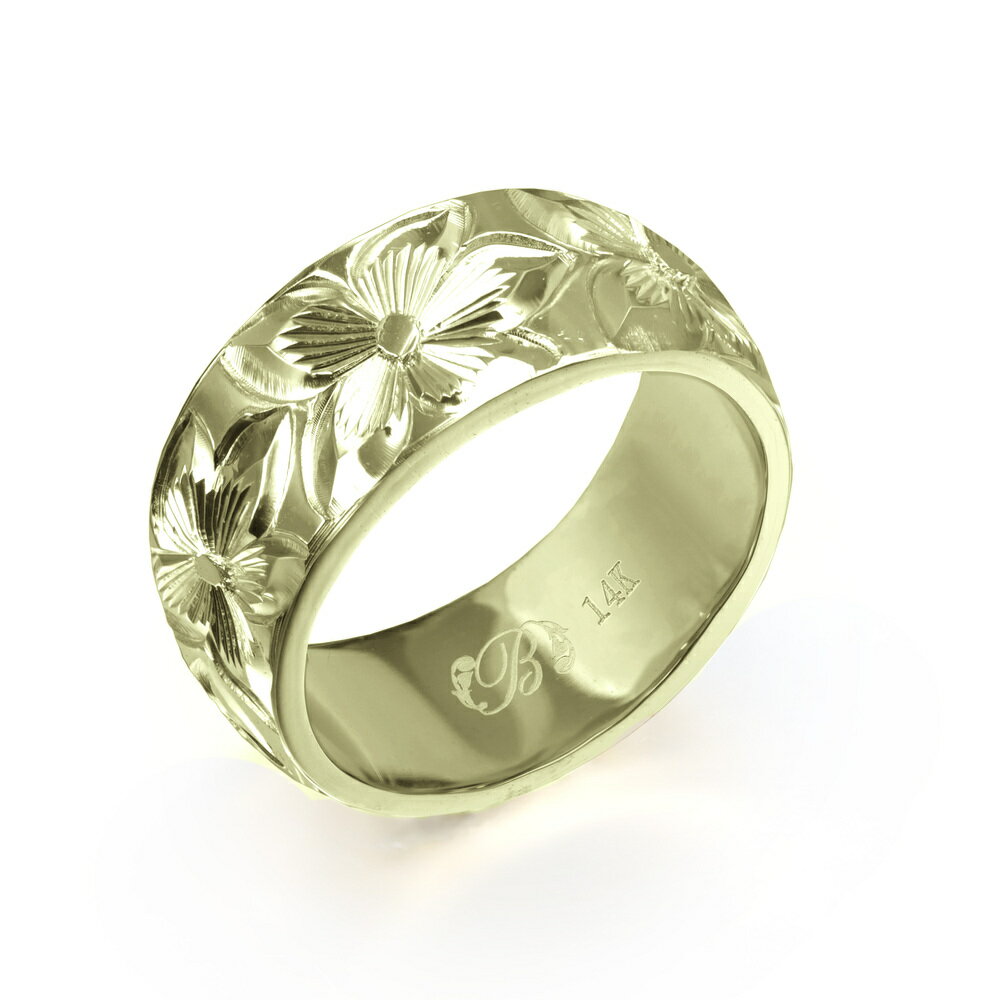 ハワイアンジュエリー オーダーメイド リング 幅8mm 厚み2mm バレル 14Kグリーンゴールド プルメリア ノーエッジ オーダーメイド リング 指輪 結婚指...