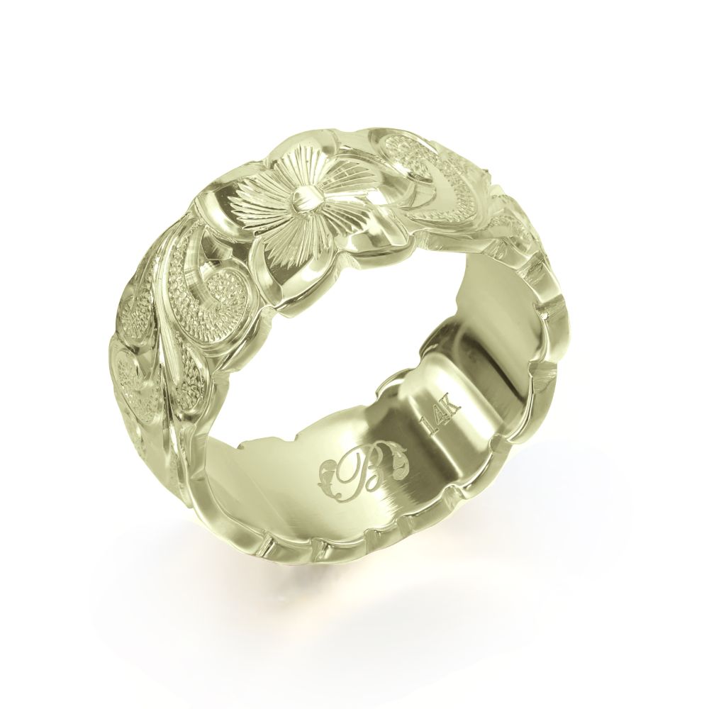 ハワイアンジュエリー オーダーメイド リング 幅8mm 厚み1.5mm バレル 14Kグリーンゴールド カレイキニ カットアウト オーダーメイド リング 指輪 結婚指輪 マリッジリング | メンズ レディース 誕生日 クリスマス プレゼント 【品番：GB8E-A15】