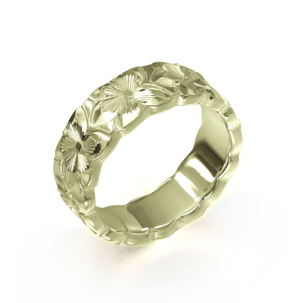 ハワイアンジュエリー オーダーメイド リング 幅6mm 厚み2mm フラット 14Kグリーンゴールド プルメリア カットアウト オーダーメイド リング 指輪 結...