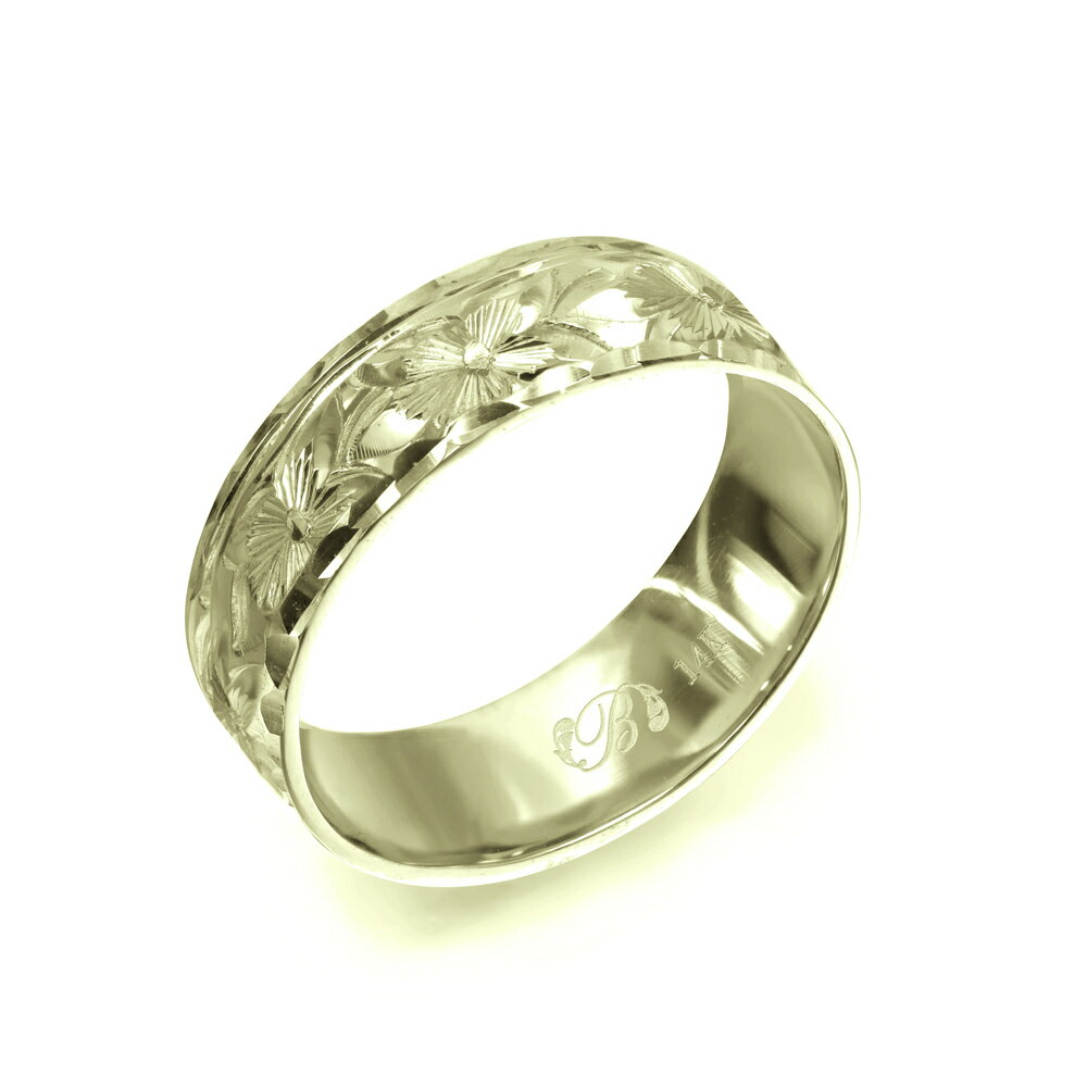 ハワイアンジュエリー オーダーメイド リング 幅6mm 厚み1.2mm フラット 14Kグリーンゴールド プルメリア ダイヤモンドカット オーダーメイド リング...