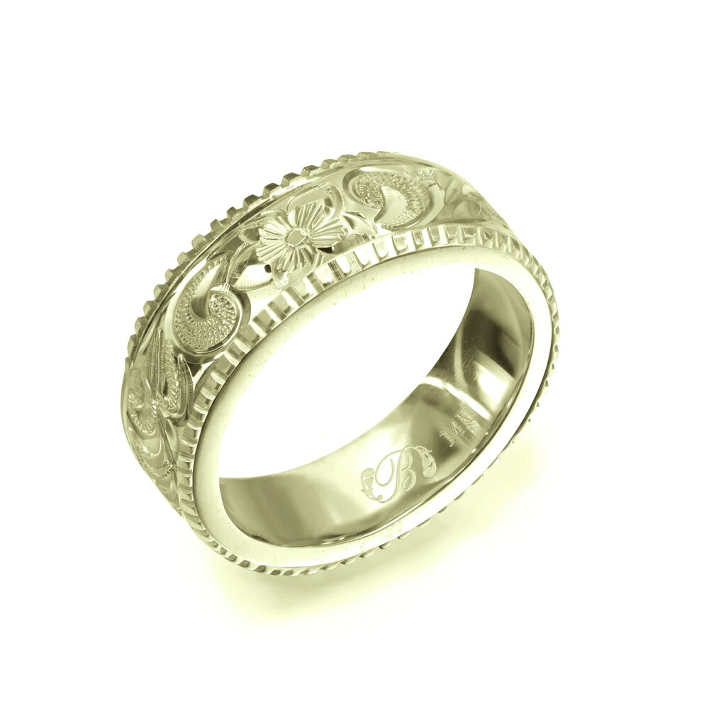 ハワイアンジュエリー オーダーメイド リング 幅6mm 厚み2mm フラット 14Kグリーンゴールド カレイキニ コインエッジ オーダーメイド リング 指輪 結婚指輪 マリッジリング | メンズ レディース 誕生日 プレゼント 【品番：GF6E-D20】