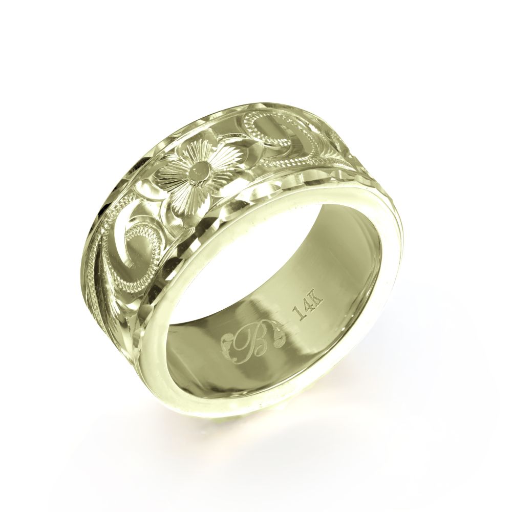 ハワイアンジュエリー オーダーメイド リング 幅8mm 厚み2mm フラット 14Kグリーンゴールド スクロール ダイヤモンドカット オーダーメイド リング 指...