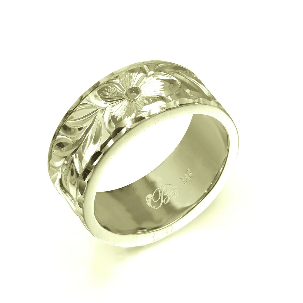 ハワイアンジュエリー オーダーメイド リング 幅8mm 厚み2mm フラット 14Kグリーンゴールド マイレリーフ ダイヤモンドカット オーダーメイド リング ...