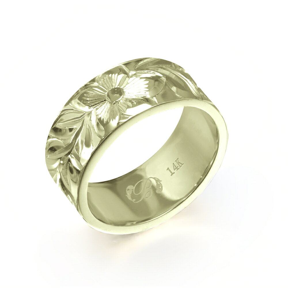 ハワイアンジュエリー オーダーメイド リング 幅8mm 厚み1.5mm フラット 14Kグリーンゴールド マイレリーフ ノーエッジ オーダーメイド リング 指輪...