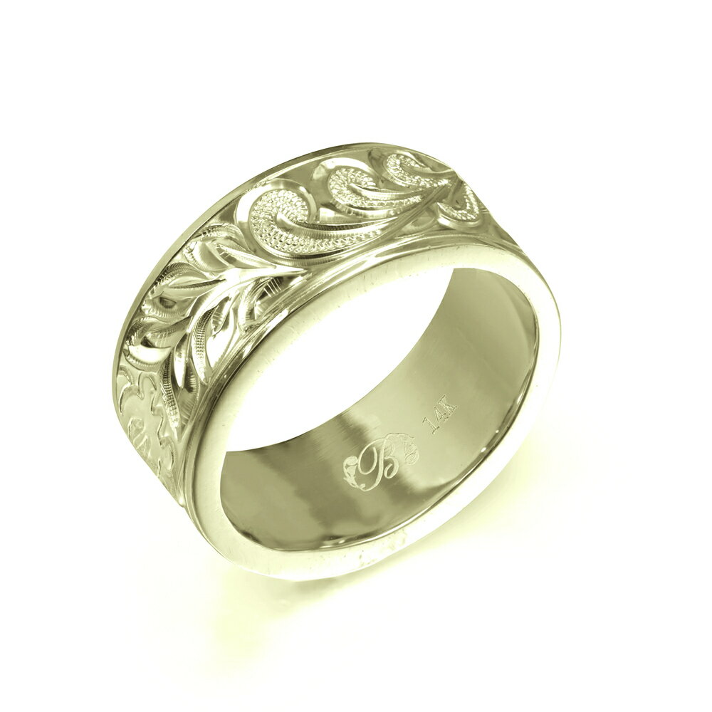 ハワイアンジュエリー オーダーメイド リング 幅8mm 厚み2mm フラット 14Kグリーンゴールド マイレ&カレイキニ プレーン オーダーメイド リング 指輪...