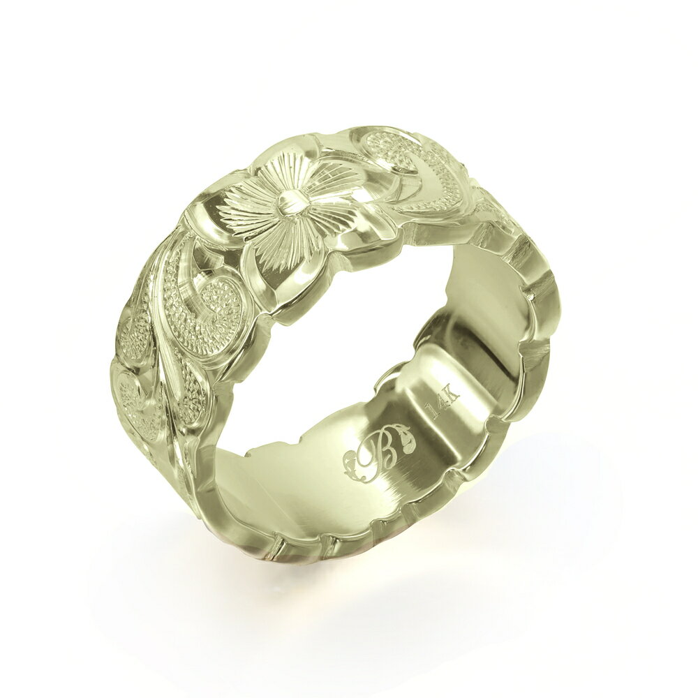 ハワイアンジュエリー オーダーメイド リング 幅8mm 厚み2mm フラット 14Kグリーンゴールド カレイキニ カットアウト オーダーメイド リング 指輪 結...