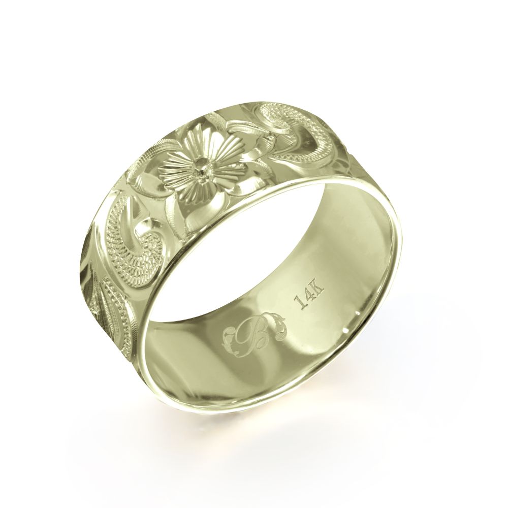 ハワイアンジュエリー オーダーメイド リング 幅8mm 厚み1.2mm フラット 14Kグリーンゴールド カレイキニ ノーエッジ オーダーメイド リング 指輪 ...