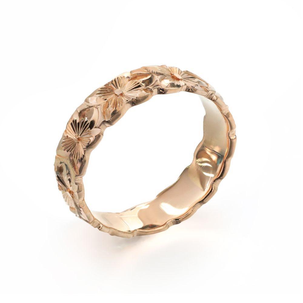 ハワイアンジュエリー オーダーメイド リング 幅4mm 厚み1.2mm バレル 14Kピンクゴールド プルメリア カットアウト オーダーメイド リング 指輪 結...