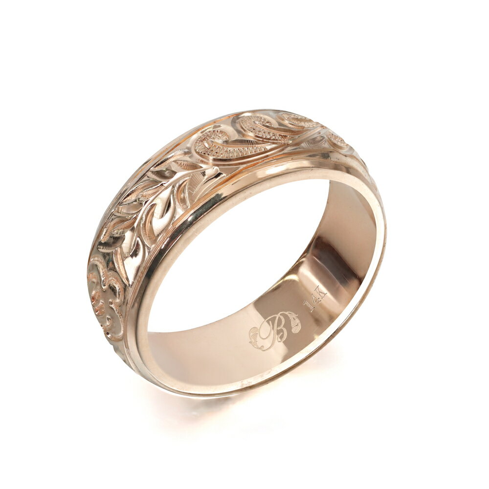 ハワイアンジュエリー オーダーメイド リング 幅6mm 厚み2mm バレル 14Kピンクゴールド マイレ&カレイキニ プレーン オーダーメイド リング 指輪 結...