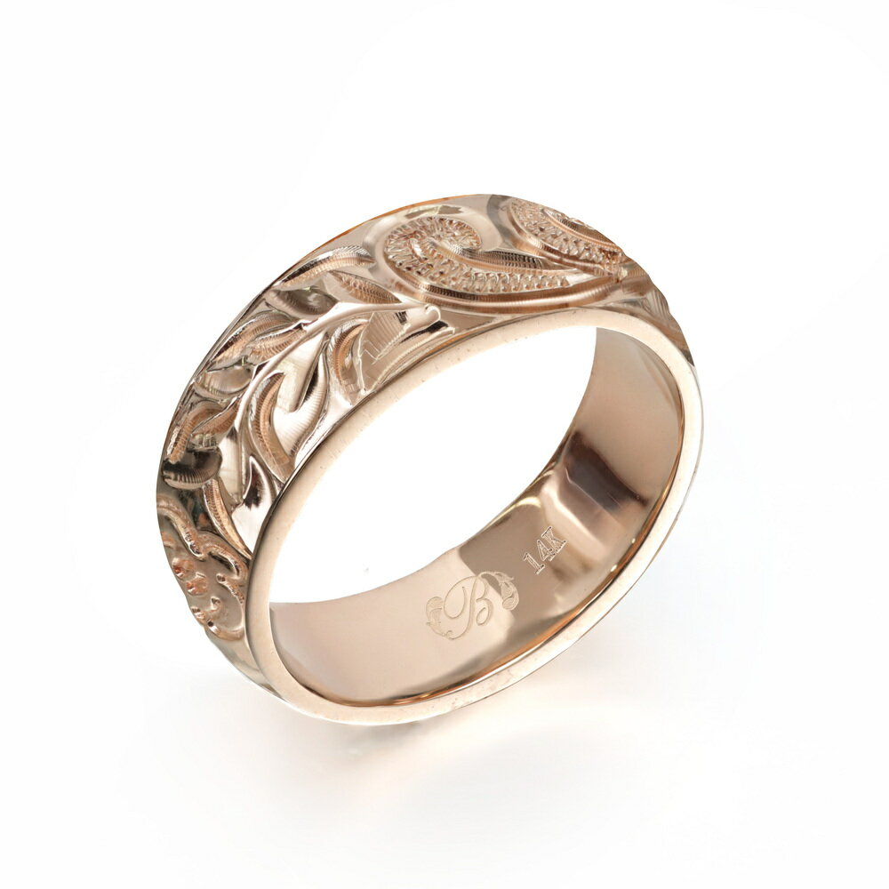 ハワイアンジュエリー オーダーメイド リング 幅6mm 厚み2mm バレル 14Kピンクゴールド マイレ&カレイキニ ノーエッジ オーダーメイド リング 指輪 ...