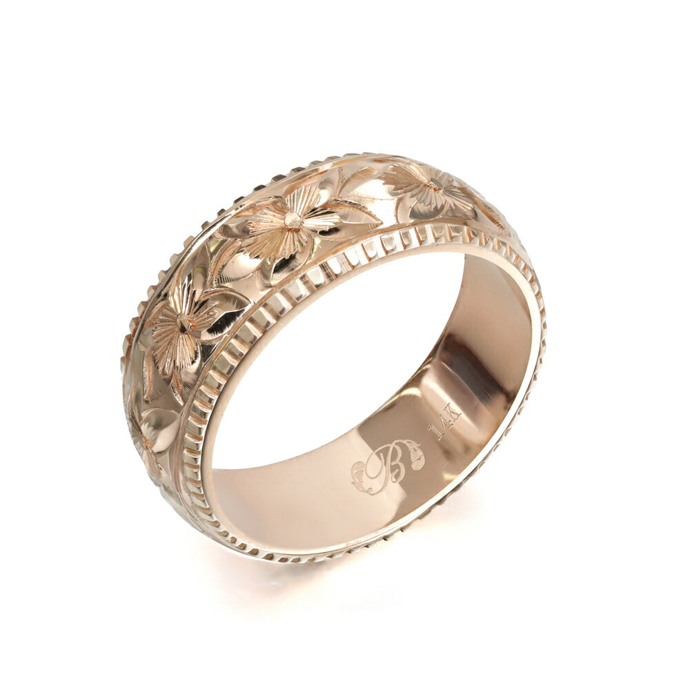 ハワイアンジュエリー オーダーメイド リング 幅6mm 厚み1.5mm バレル 14Kピンクゴールド プルメリア コインエッジ オーダーメイド リング 指輪 結...