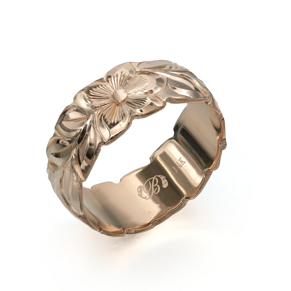 ハワイアンジュエリー オーダーメイド リング 幅8mm 厚み1.2mm バレル 14Kピンクゴールド マイレリーフ カットアウト オーダーメイド リング 指輪 結婚指輪 マリッジリング | メンズ レディース 誕生日 クリスマス プレゼント 【品番：PB8B-A】