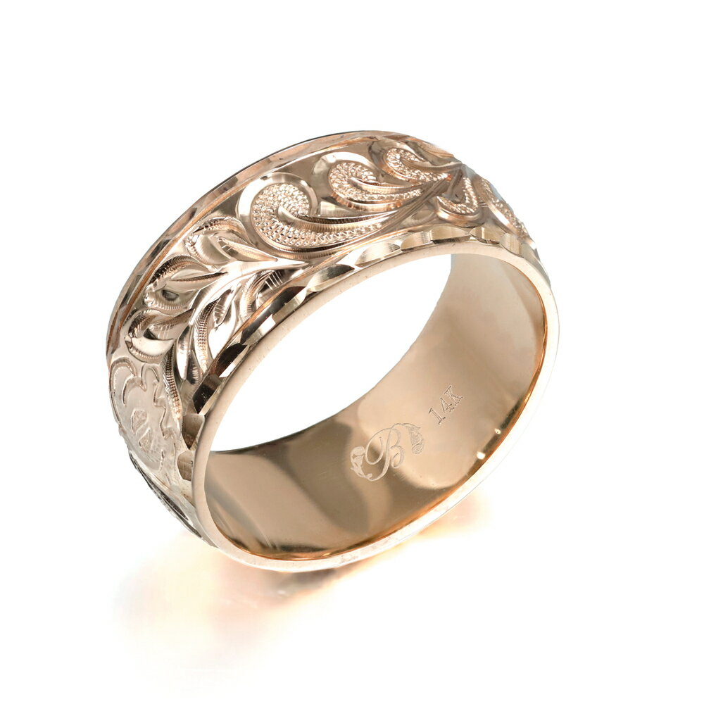 ハワイアンジュエリー オーダーメイド リング 幅8mm 厚み1.5mm バレル 14Kピンクゴールド マイレ&カレイキニ ダイヤモンドカット オーダーメイド リ...