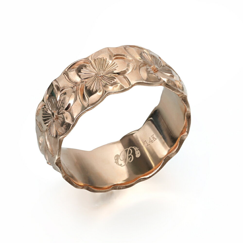 ハワイアンジュエリー オーダーメイド リング 幅8mm 厚み1.2mm バレル 14Kピンクゴールド プルメリア カットアウト オーダーメイド リング 指輪 結婚指輪 マリッジリング | メンズ レディース 誕生日 クリスマス プレゼント 【品番：PB8D-A】